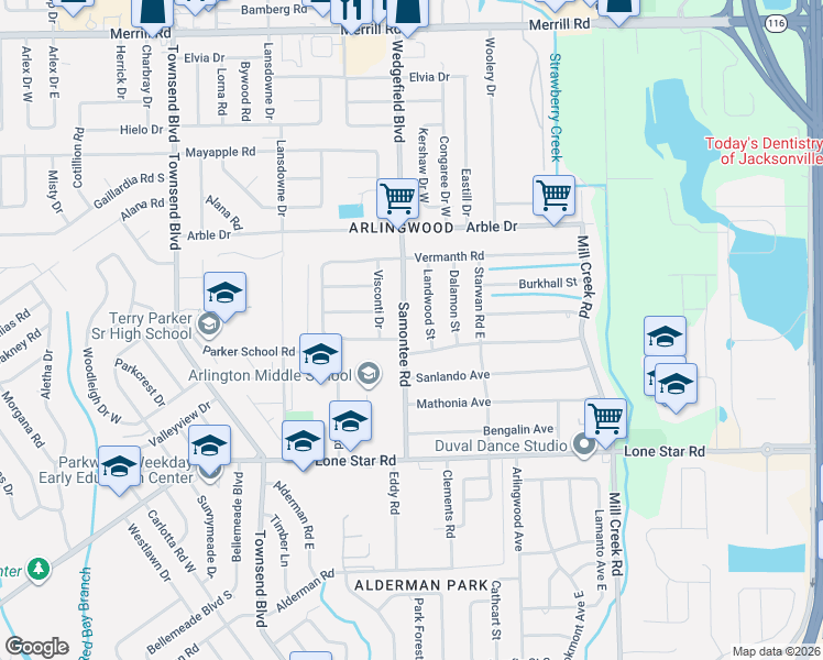 map of restaurants, bars, coffee shops, grocery stores, and more near 1839 Samontee Rd in Jacksonville