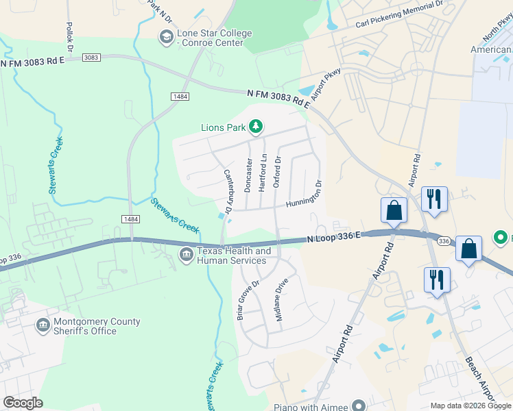 map of restaurants, bars, coffee shops, grocery stores, and more near 201 Hartford Lane in Conroe