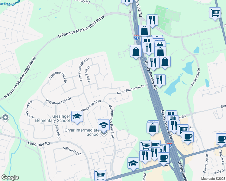 map of restaurants, bars, coffee shops, grocery stores, and more near 1841 Leela Springs Drive in Conroe