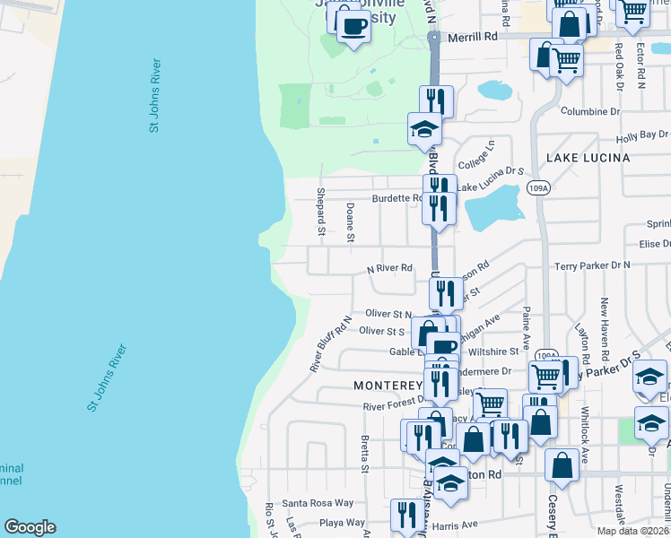 map of restaurants, bars, coffee shops, grocery stores, and more near 1977 River Bluff Road North in Jacksonville