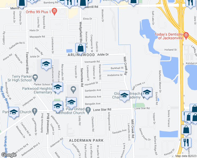 map of restaurants, bars, coffee shops, grocery stores, and more near 1819 Starwan Road East in Jacksonville