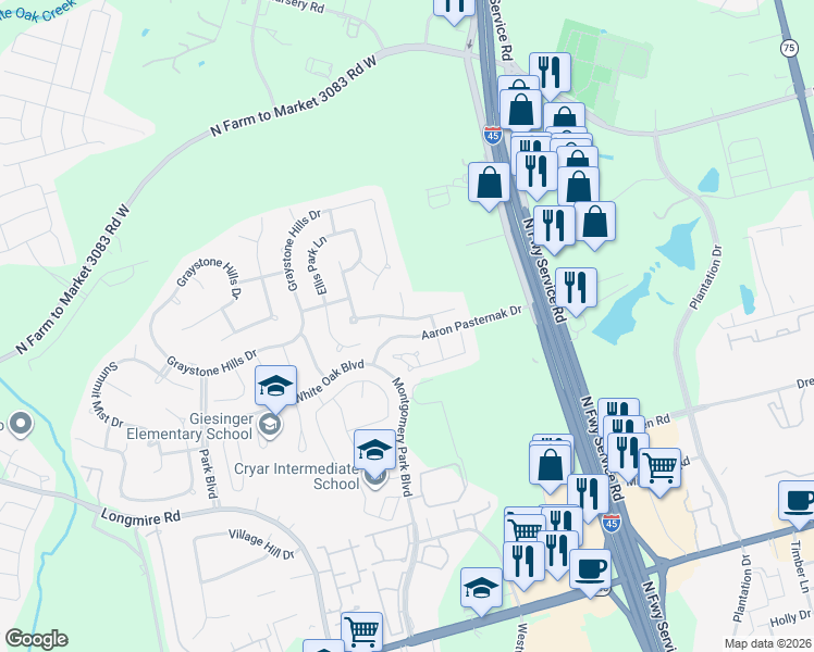 map of restaurants, bars, coffee shops, grocery stores, and more near 1841 Leela Springs Drive in Conroe