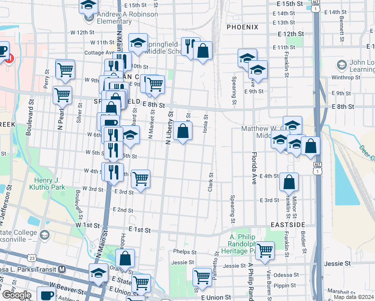 map of restaurants, bars, coffee shops, grocery stores, and more near 1533 Walnut Street in Jacksonville