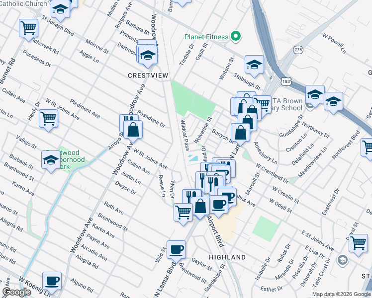 map of restaurants, bars, coffee shops, grocery stores, and more near 7300 Wildcat Pass in Austin