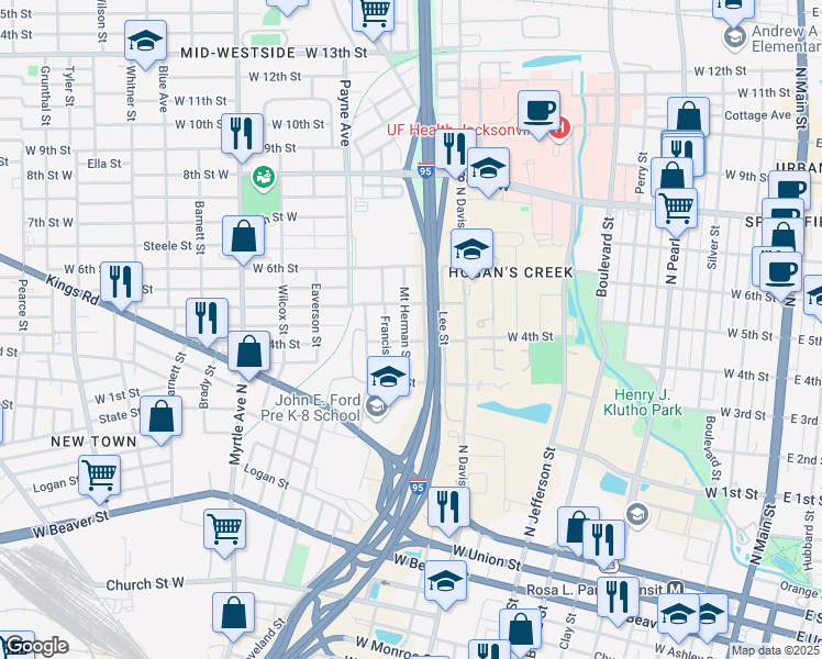 map of restaurants, bars, coffee shops, grocery stores, and more near 1415 Mount Herman Street in Jacksonville