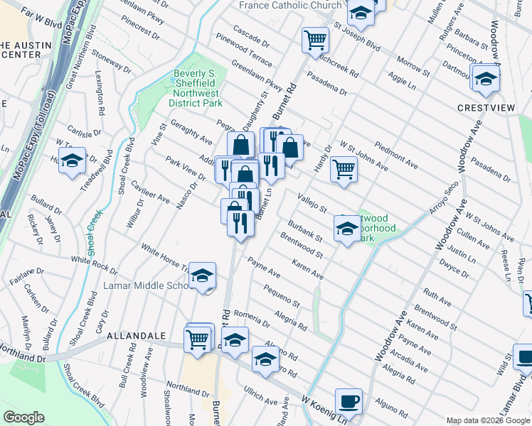map of restaurants, bars, coffee shops, grocery stores, and more near 6615 Burnet Lane in Austin