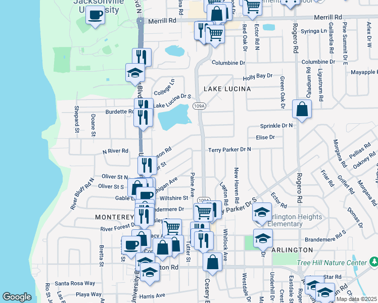 map of restaurants, bars, coffee shops, grocery stores, and more near 5836 Oliver Street in Jacksonville