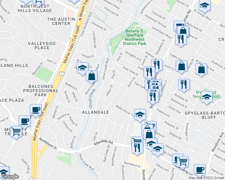 map of restaurants, bars, coffee shops, grocery stores, and more near 6403 Wilbur Dr in Austin