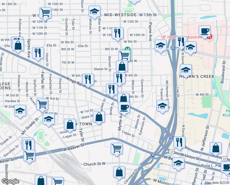 map of restaurants, bars, coffee shops, grocery stores, and more near 1419 Brady Street in Jacksonville