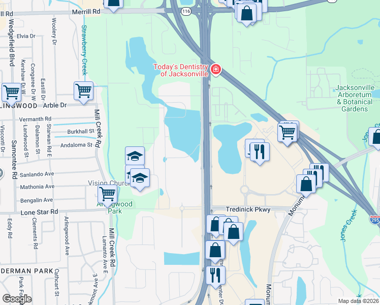 map of restaurants, bars, coffee shops, grocery stores, and more near 9259 Gilmore Grove Way in Jacksonville