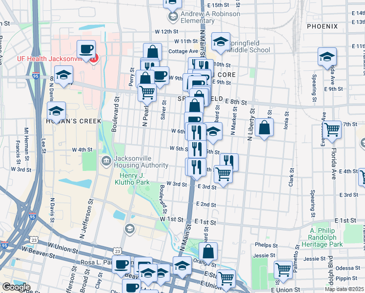 map of restaurants, bars, coffee shops, grocery stores, and more near 45 East 5th Street in Jacksonville
