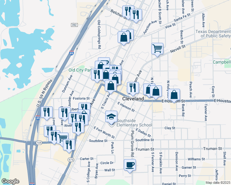 map of restaurants, bars, coffee shops, grocery stores, and more near 114 Texas 105 Business in Cleveland