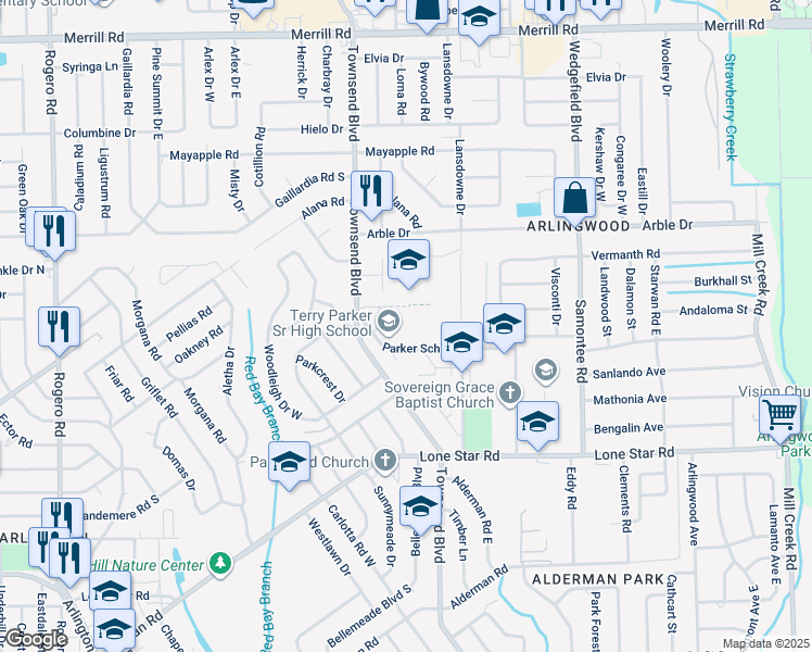 map of restaurants, bars, coffee shops, grocery stores, and more near 7301 Parker School Road in Jacksonville