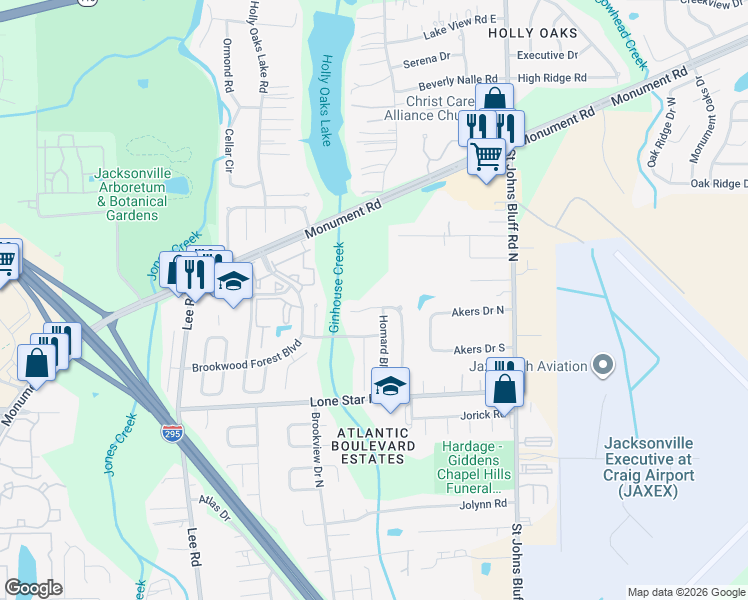 map of restaurants, bars, coffee shops, grocery stores, and more near 10389 Brookwood Bluff Road North in Jacksonville