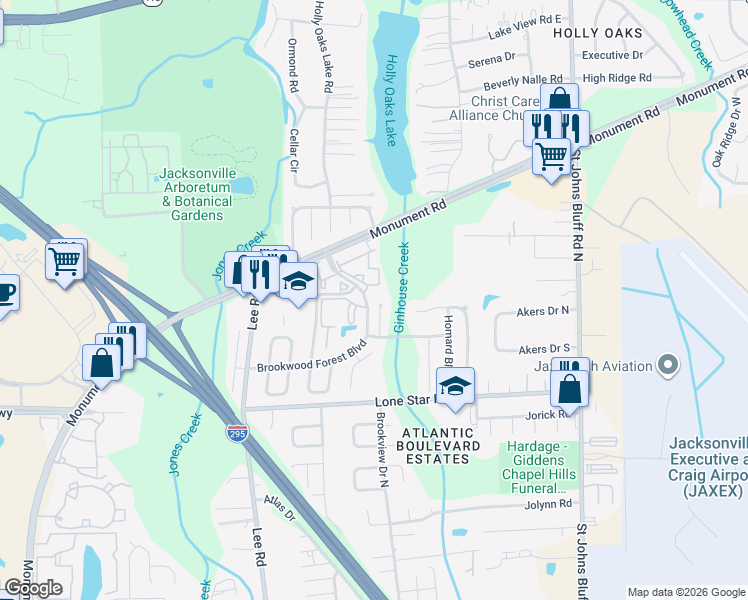 map of restaurants, bars, coffee shops, grocery stores, and more near 1259 Brookwood Forest Boulevard in Jacksonville