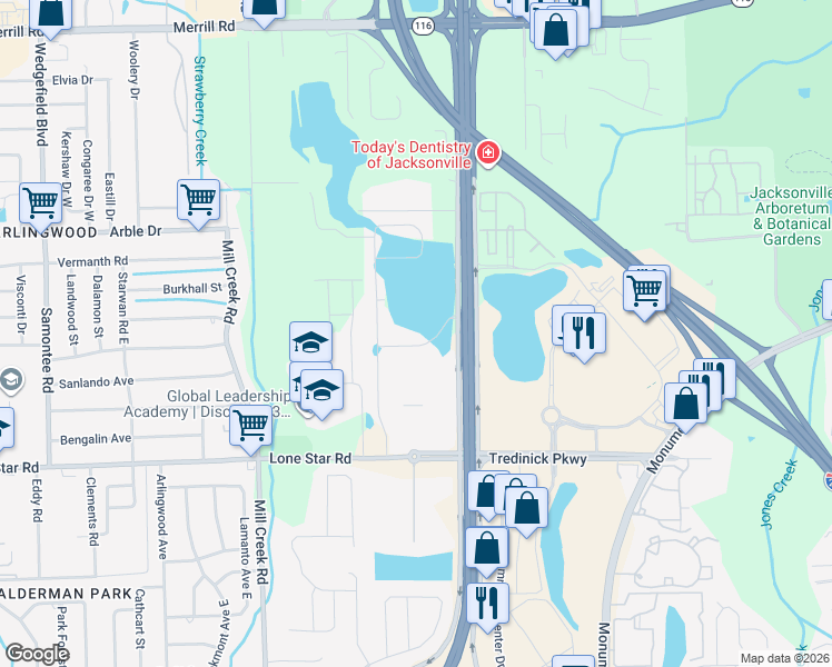 map of restaurants, bars, coffee shops, grocery stores, and more near 9205 Gilmore Grove Way in Jacksonville