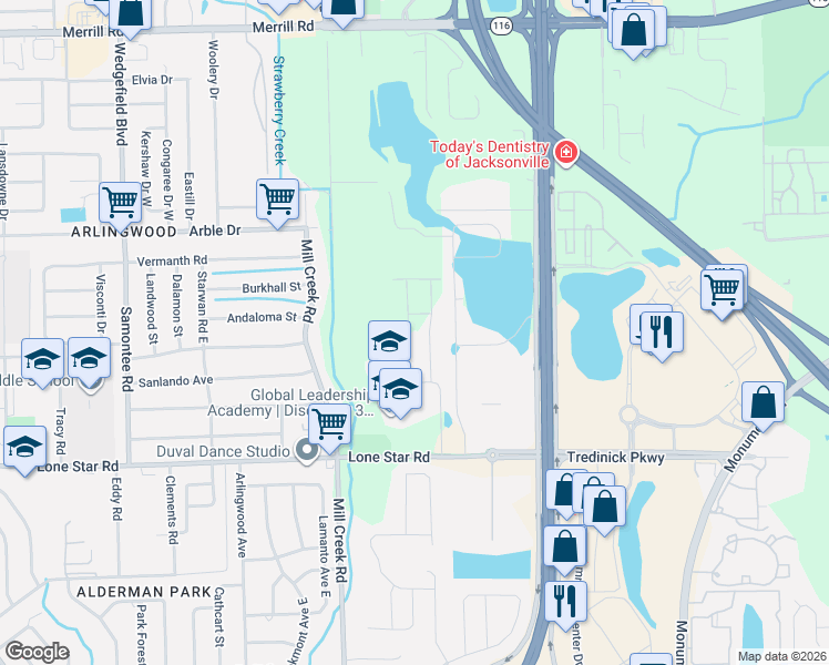 map of restaurants, bars, coffee shops, grocery stores, and more near 1724-1948 Mill Creek Lane in Jacksonville