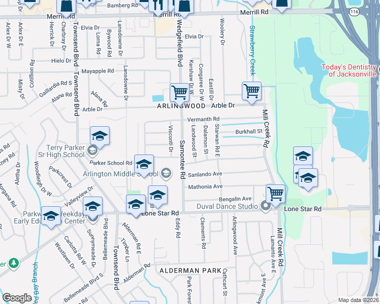 map of restaurants, bars, coffee shops, grocery stores, and more near 1839 Samontee Road in Jacksonville