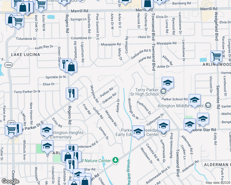 map of restaurants, bars, coffee shops, grocery stores, and more near 7117 Oakney Road in Jacksonville