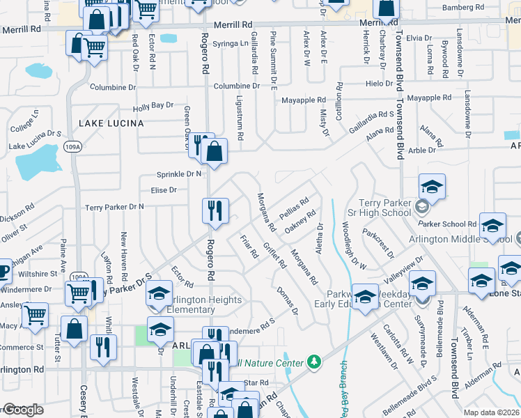 map of restaurants, bars, coffee shops, grocery stores, and more near 1815 Griflet Road in Jacksonville