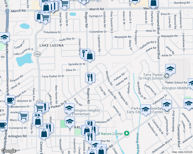 map of restaurants, bars, coffee shops, grocery stores, and more near 6744 Orkney Road in Jacksonville