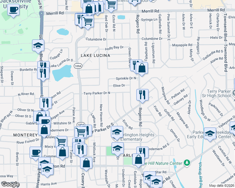 map of restaurants, bars, coffee shops, grocery stores, and more near 6228 Terry Parker Drive North in Jacksonville
