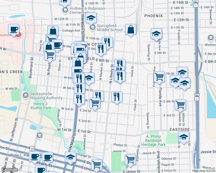 map of restaurants, bars, coffee shops, grocery stores, and more near 1525 North Liberty Street in Jacksonville