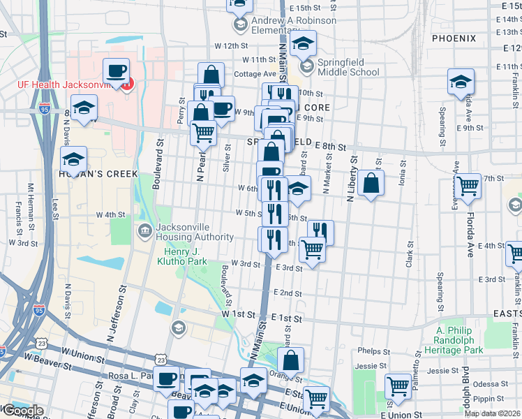 map of restaurants, bars, coffee shops, grocery stores, and more near 45 East 5th Street in Jacksonville