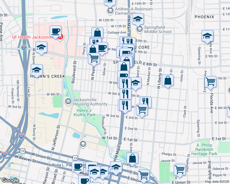 map of restaurants, bars, coffee shops, grocery stores, and more near 45 East 5th Street in Jacksonville