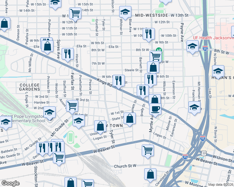 map of restaurants, bars, coffee shops, grocery stores, and more near 1520 Dot Street in Jacksonville