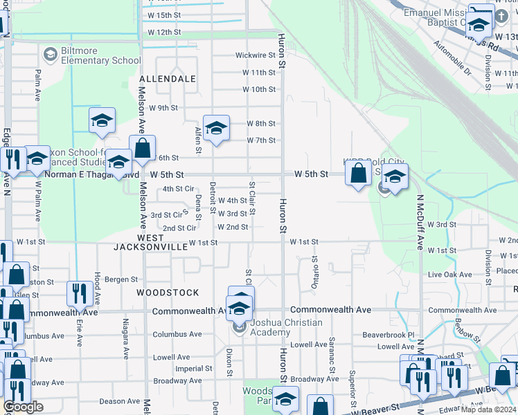 map of restaurants, bars, coffee shops, grocery stores, and more near 1303 Saint Clair Street in Jacksonville