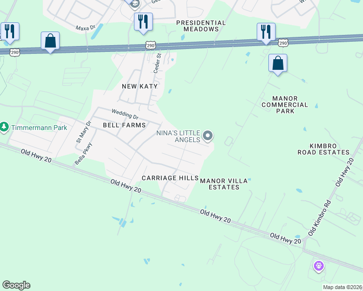 map of restaurants, bars, coffee shops, grocery stores, and more near 13304 Forest Sage Street in Manor