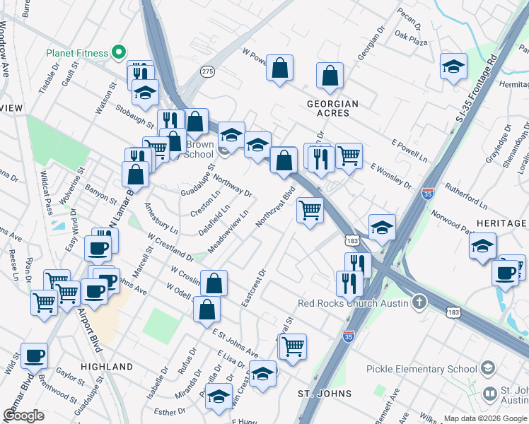 map of restaurants, bars, coffee shops, grocery stores, and more near 104 Northcrest Boulevard in Austin