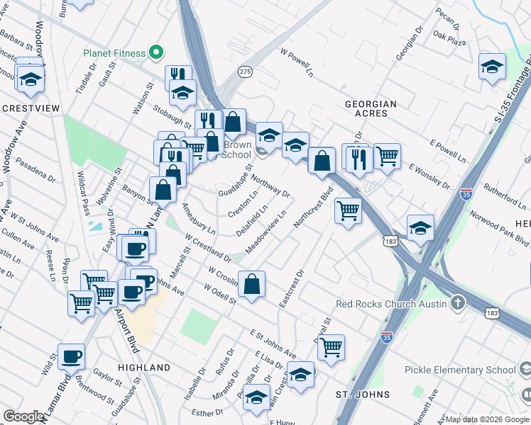 map of restaurants, bars, coffee shops, grocery stores, and more near 7603 Delafield Lane in Austin