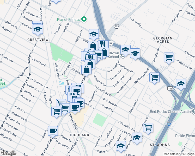 map of restaurants, bars, coffee shops, grocery stores, and more near 625 Amesbury Lane in Austin