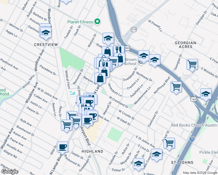 map of restaurants, bars, coffee shops, grocery stores, and more near 625 Amesbury Lane in Austin