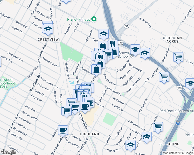 map of restaurants, bars, coffee shops, grocery stores, and more near 7439 North Lamar Boulevard in Austin