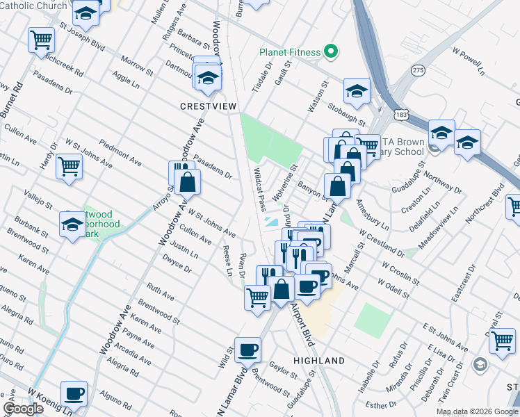 map of restaurants, bars, coffee shops, grocery stores, and more near 7300 Wildcat Pass in Austin