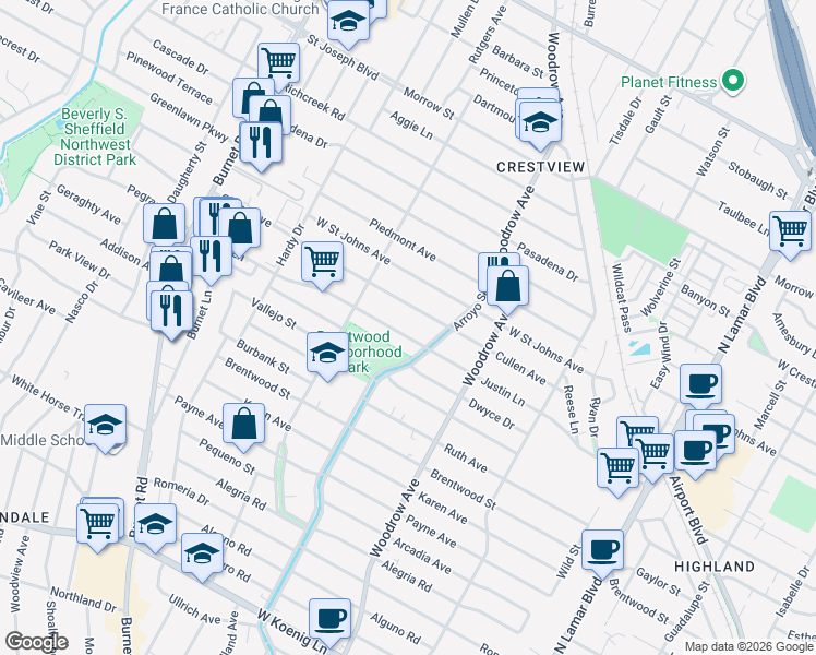 map of restaurants, bars, coffee shops, grocery stores, and more near 1701 Justin Lane in Austin