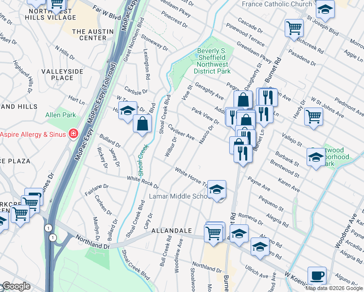 map of restaurants, bars, coffee shops, grocery stores, and more near 6403 Wilbur Drive in Austin