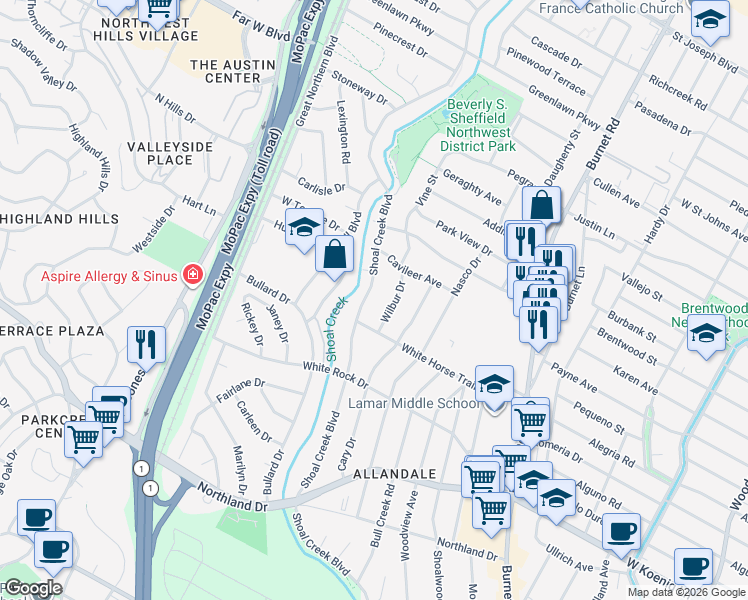 map of restaurants, bars, coffee shops, grocery stores, and more near 6307 Shoal Creek Boulevard in Austin