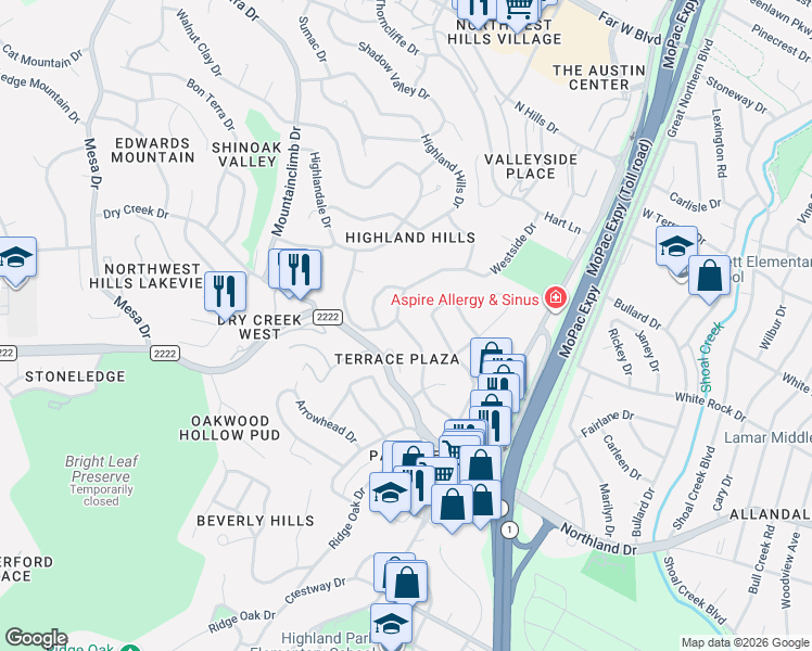 map of restaurants, bars, coffee shops, grocery stores, and more near 5811 Highland Hills Drive in Austin