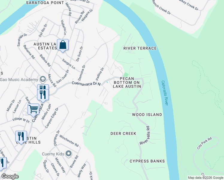 map of restaurants, bars, coffee shops, grocery stores, and more near 2100 Wood Acre Lane in Austin