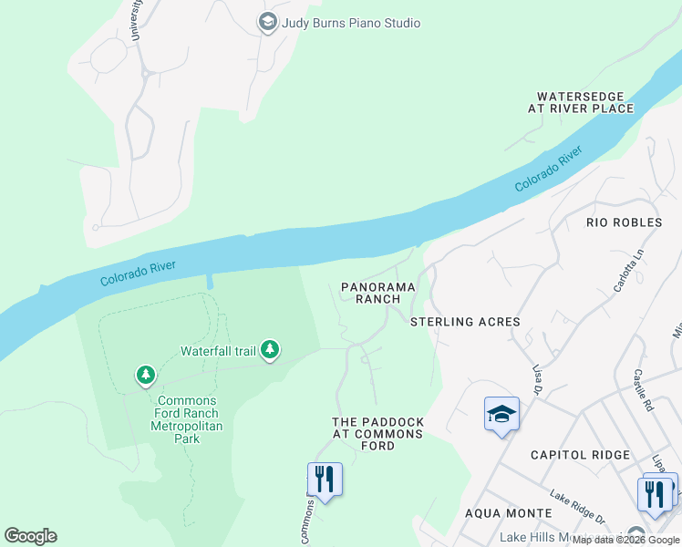 map of restaurants, bars, coffee shops, grocery stores, and more near 10810 River Terrace Circle in Austin