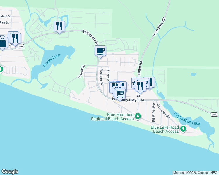 map of restaurants, bars, coffee shops, grocery stores, and more near 86 Dune Side Lane in Santa Rosa Beach