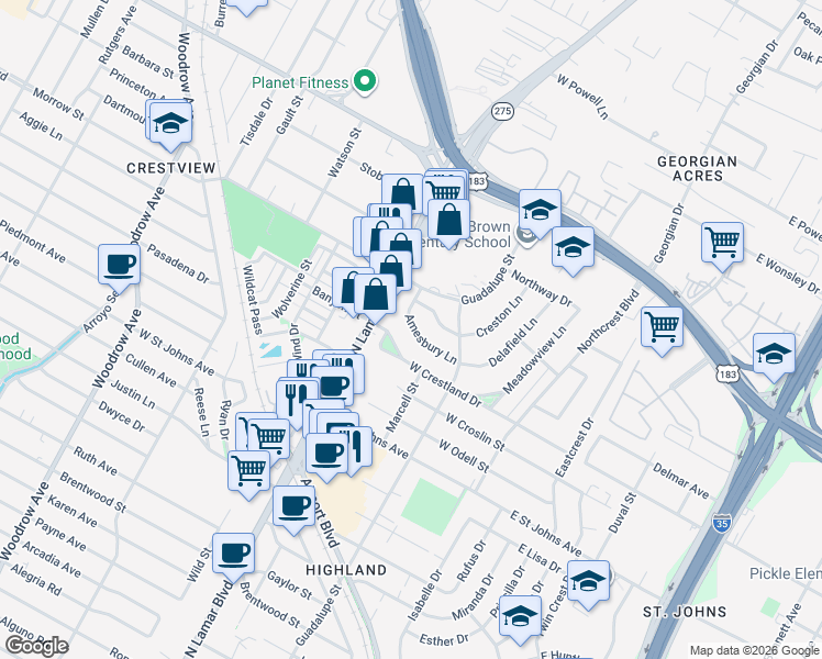 map of restaurants, bars, coffee shops, grocery stores, and more near 625 Amesbury Lane in Austin