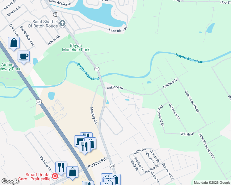 map of restaurants, bars, coffee shops, grocery stores, and more near 18380 Old Maplewood Drive in Prairieville