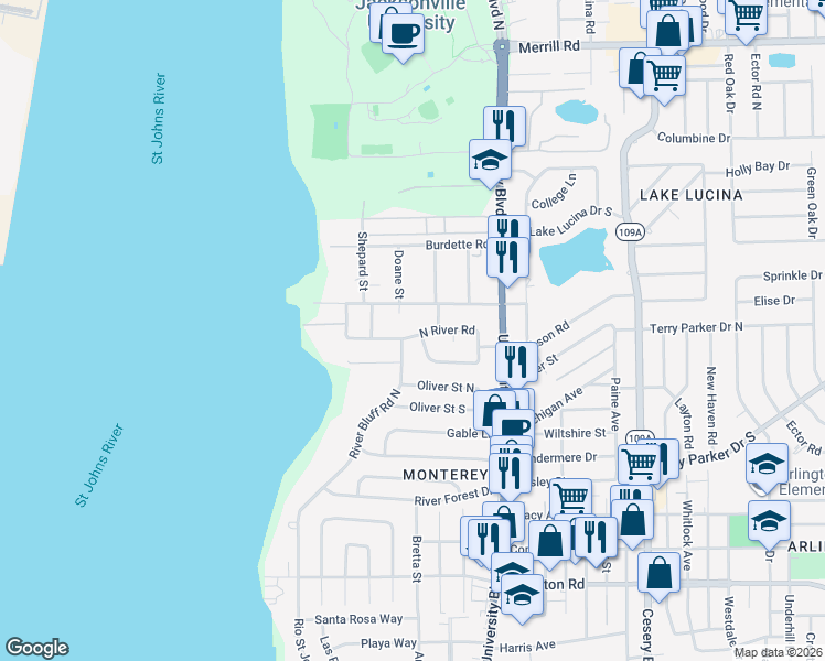 map of restaurants, bars, coffee shops, grocery stores, and more near 5321 North River Road in Jacksonville