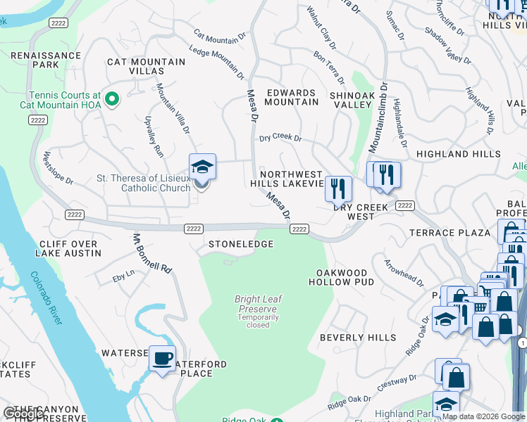 map of restaurants, bars, coffee shops, grocery stores, and more near 5806 Mesa Drive in Austin