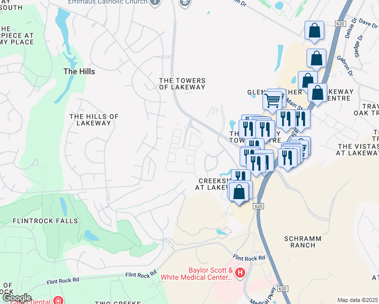 map of restaurants, bars, coffee shops, grocery stores, and more near 206 Versilia Circle in Lakeway